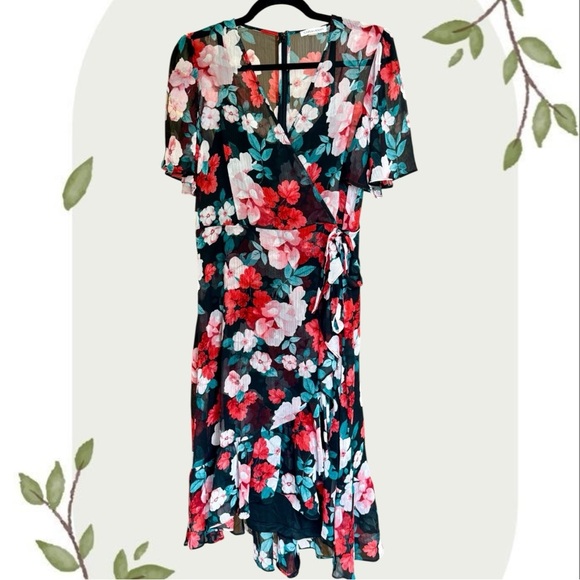Calvin Klein Faux Wrap Black Red Floral Midi Wrap Dress - Size 8 - Picture 1 of 11